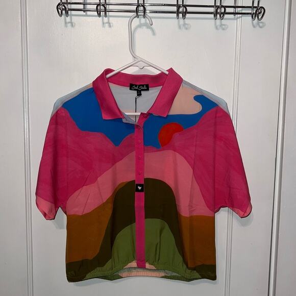 Bad Birdie Tops - New Bad Birdie Range Short Sleeve Crop Polo Cotton Candy Skies size L